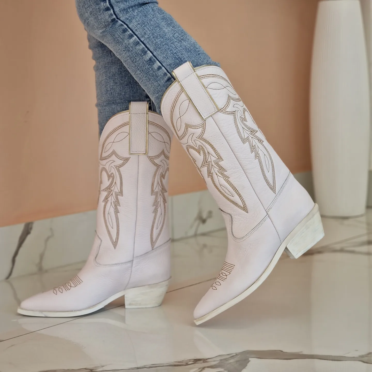 TEXANI AL POLPACCIO IN PELLE BOTTOLATO BIANCO RICAMI IN ORO OLDWEST 1222 sara moda shoes